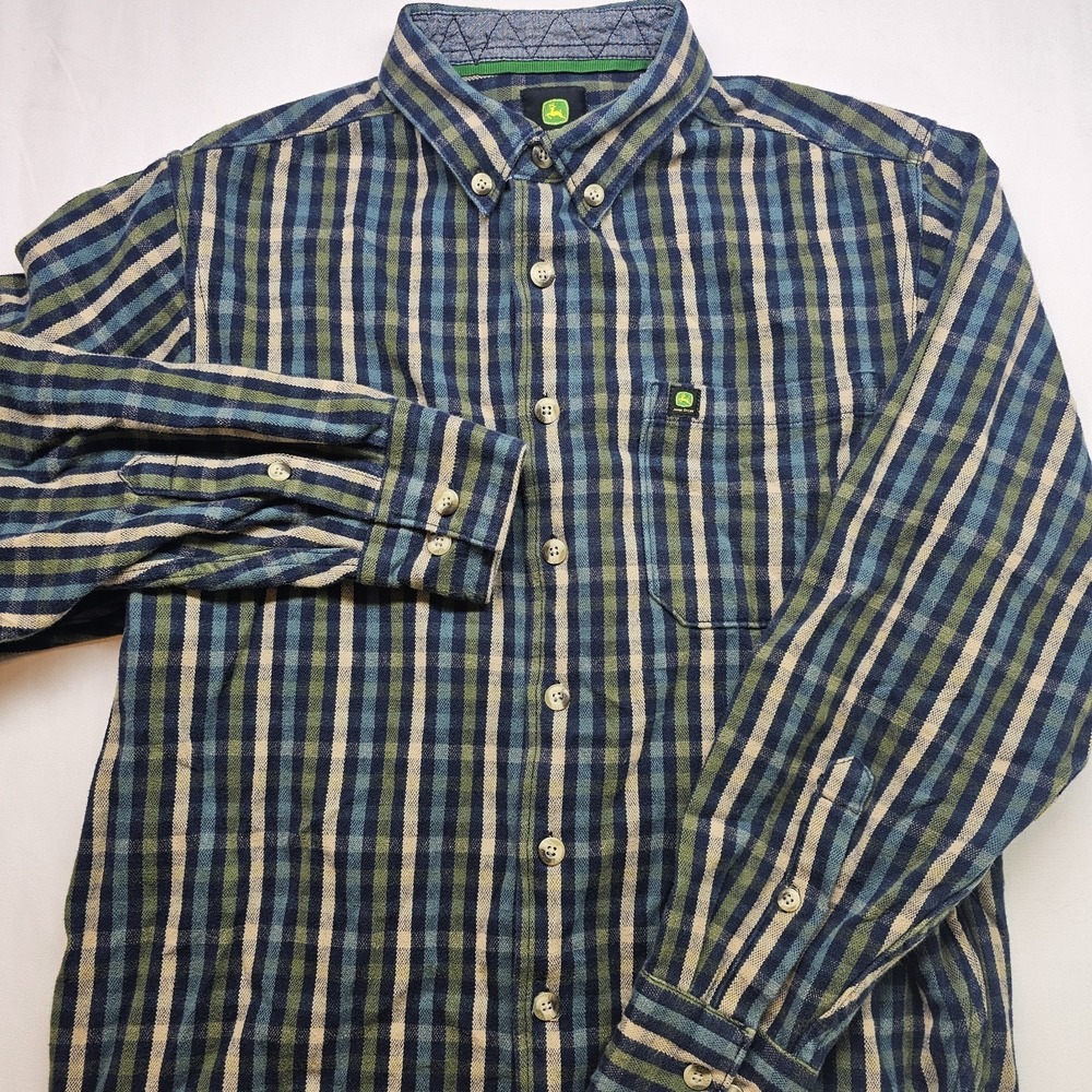 John Deere Mens Medium Plaid Button Down Flannel Shirt 100% Cotton Long Sleeve